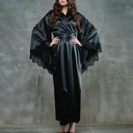 Women Sexy Lace Satin Kimono Long Robe Bathrobe Lingerie Sleepwear Belt Pyjamas Solid Silk Robes For Women Satin Sleepwear1231Y