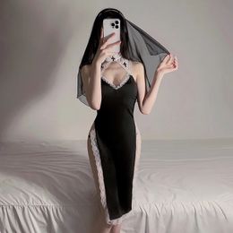 Sexy Set Women Lingerie Nun Uniform Cosplay Role Play Costumes Halloween Stage Outfit High Neck Flare Sleeve Dress with Headscarf 231010