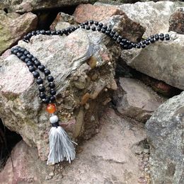 ST0186 108 Mala Bead Necklace Long Necklace with tassel Knotted Matte Black Onyx Stone Necklace Fancy Rosary Necklaces254o