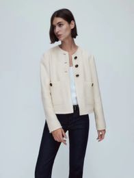 Women's Jacket 2023 Fashion Summer Casual Gold Button Short Top Jacket Vintage Long Sleeve Pocket Chic Female Outerwear Mujer 231009