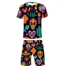 Men's Tracksuits Summer Men's Sets Day Of The Dead Sugar Skull 3D Print Short Sleeve T-shirt And Beach Shorts Two Piece 315t