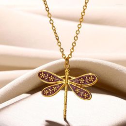 Necklace Earrings Set Purple Drip Oil Dragonfly Pendant Stainless Steel Gold Color Flower Animal Party Jewelry Daily Wearing