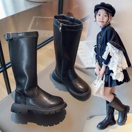 Boots Girls High Kids Plush Warm Flats Elegant Belt Buckle Casual Princess Shoes 2023 Child Sewing Leather Boot Free Freight