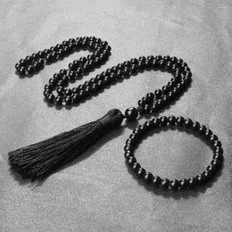Anhänger Halsketten Klassische 108 Mala Perlen Armbänder Männer 6mm Vulkanisch Glänzend Schwarz Matte Naturstein Halskette Frauen Yoga Charme schmuck