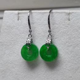 Dangle Earrings 1pcs/lot Natural Jadeite Flat Buckle Beautiful Full Green S925 Sterling Silver Setting Kanji Ear Hooks Ethnography Gift