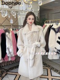 Women's Fur Lapel Double Breasted Long Belt Artificial Leather Coat Office Lady 2023 Winter Thickened Black Warm Faux Women