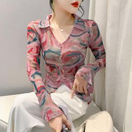 Women's T Shirts Autumn Spring Fashion Korean T-shirt Clothes Sexy Button Decoration Women Tops Ropa Mujer Flare Sleeve Mesh Tees