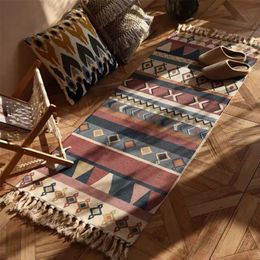 Carpets Vintage Plaid Carpet Cotton Home Weave Bohemian Rug Floor For Living Room Bedroom Decoration Foot Pad Beach 231010
