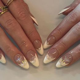 False Nails White French Fake With 3D Bear Pearl Design Almond Nail Sweet Style Wearable Patch For Girl 24pcs