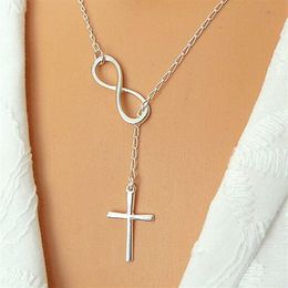 Whole-N606 Personality Infinity Cross Lariat Pendant Necklaces Silver Plated European Collares Necklace Forever Faith Necklace278S