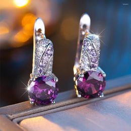Hoop Earrings Mystic Charm Purple High Quality Round Cut Cubic Zirconia Crystal Wedding Pierced Ear Clips For Women