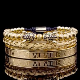 Charm Bracelets 3pcs/set Classical Handmade Braiding Bracelet Hip Hop Men Pave CZ Leopard Head Roman Numeral Bracelet Stainless Steel Jewellery 231009