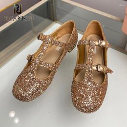 Dress Shoes Shiny Glitter Girls Cute Mary Janes Buckle Strap Round Toe Gold Silver Black Top Fashion Autumn Low Heel Comfortable Shoe