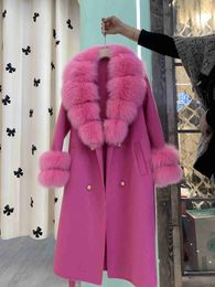 Women's Wool Blends 2023 New Arrival Women Wool Coat With Real Fox Fur Collar Cuff Slim Fit Elegant Belted Cashmere Long Coat Ladies Winter Coats J231010