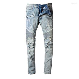 Men's Jeans Vintage Ripped Letter Men Light Blue Sliced Biker Hombre Streetwear Skinny Denim Pants Hommes For Motorcycle