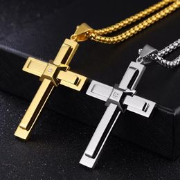 Pendant Necklaces Fate Love High Polished Gold Stainless Steel Crystals Large Huge Cross Men's Necklace Chain 3mm 24 Inch270p