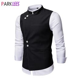 Men's Vests Black Stand Collar Mens Dress Vest Fashion Chic Slim Fit Sleeveless Waistcoat Male Formal Business Gilet Homme 231010