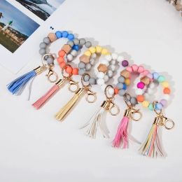 Festive Tassels Wood Bead Keychain Silicone Beads Bracelet Party Favor Leather Key Ring Food Grade Wrist Keychains T2I52992 JJ 10.10