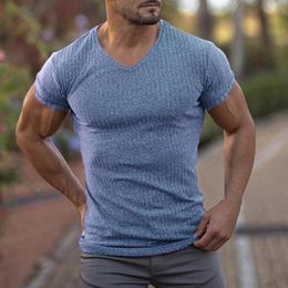 Men's T-Shirts Summer Casual T-shirt For Men Sweatshirt Sports Slim V Neck Male Tee Shirt Cotton Short Sleeve Solid Colour Fit206v