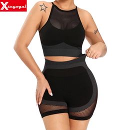Women's Tracksuits Women's 2Pcs Yoga Tracksuits Workout Outfit Seamless Short Legging Sports Bra Activewear Sport Crop Top Running Clothes Set 231010