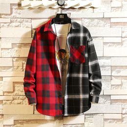 Japan Style Red Patchwork Plaid Shirt Men Autumn Hip Hop Streetwear Casual Flannel Shirts Korean Long Sleeve Chemise Homme 200925263h