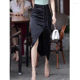 Skirts WDMSNA Higth Waist Skirt for Women's Summer 2023 Irregular Split Thin Satin Half Length Vintage Slim Blac Faldas Largas