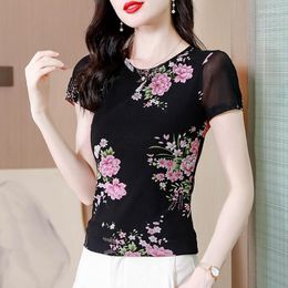 Women's T Shirts Casual Floral Printed T-shirt Mesh Bottom Shirt 2023 Round Neck Short Sleeve Summer Top Blusa