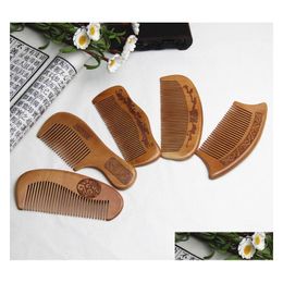 Hair Brushes Womens Gifts 100% Natural Peach Combs Thickened Carved Wood Anti-Static Mas Scalp Health Portable Comb Wedding Favour Dr Dhz76