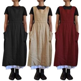 Work Dresses Plus Size For Women 2022 Solid Colour Sleeveless Square Neck Pockets Cotton Linen Apron Loose Long Dress Casual Overal273T