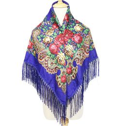 Russian Style Tassel Large Square Shawls Women Winter Warm Cotton Ethnic Style Shawl Female Flower Wraps Long Scarves Gift