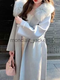 Women's Wool Blends WOMEN Elegant Pink Sweet Wool Coats Fur Collar Casual Loose Korean Warm Coats With Belt Winter Hooded Christmas Outerwears J231010