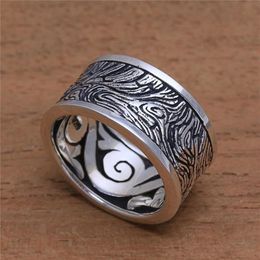 Solid 925 Sterling Silver Ring Wood Exterior Mysterious Pattern Vintage Rings for Men Women Wedding Silver Jewelry Size 5 -12324f