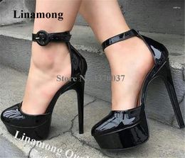 Dress Shoes Linamong Round Toe Patent Leather High Platform Stiletto Heel Pumps Black Ankle Strap Buckle Heels CLub
