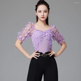 Stage Wear Butterfly Design Half Sleeve Tops Female Latin Dance Dress For Women Performance Ballroom Dancing Costume NY66 AS5197