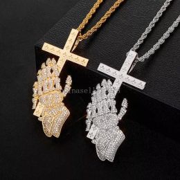 Fashion Prayer Hand Gesture Cross Pendant Necklace For Men And Women Iced Out Religious Iced Out Cubic Zirconia Charms CZ Hip Hop Jewellery Gifts