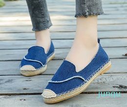 Dress Shoes Women Denim Espadrilles Natural Raffia Linen Loafers Ladies Canvas Slip On Flats New Luxury Design