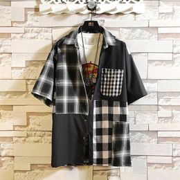 Harajuku Fashion Japanese Style Mens Short Sleeve Plaid Shirts Male Patchwork Summer Streetwear 100%Cotton Shirt Chemise Homme189o