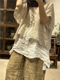 Women's Blouses Johnature Women Vintage Linen Summer Shirts Solid Colour Belt Chinese Style Tops V-Neck Short Sleeve 2023 Loose Shirt