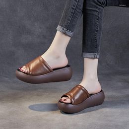 Slippers Top Layer Cow Leather Flip Flops Women's Spring/Summer 2023 Open-toe Outerwear Loaf Casual Beach Shoes