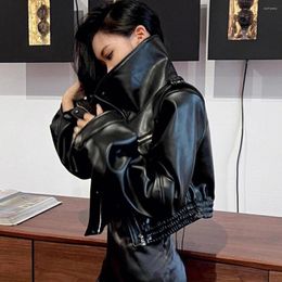 Women's Jackets 1pcs Womens Short PU Leather Coat 2023 Autumn Fashion Faux Fur Zipper Splicing Turtleneck Ladies Skinny Locomotive Coats