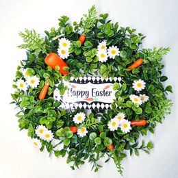Christmas Decorations 40cm Happy Easter Artificial Wreaths Daisy Green Eucalyptus Garlands Easter Wreath Carrot Door Hangings Ornaments Home Decor 231009