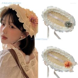 Berets Women Lace Flower Straw Hat With Laceup Neckstrap For Teens Girl Breathable Headwear French Style SummerBeach Sun Cap