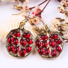 Dangle & Chandelier Vintage Fresh Red Stone Drop Earring Interesting Pomegranate Shaped Gold Color Earrings Jewelry Set For Women 293f