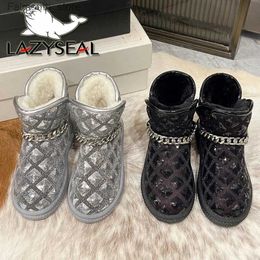 Boots LazySeal Metal Chain Waterproof Women Snow Boots Warm Plush Lining Shoes 3cm Heels Chequered Design Women Winter Ankle Boots Q231010