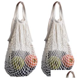 Storage Bags Reusable Produce Bag Foldable Shop Grocery Bags Cotton Mesh String Hand Totes Fruits Vegetables Hanging Home Garden House Dhs1E