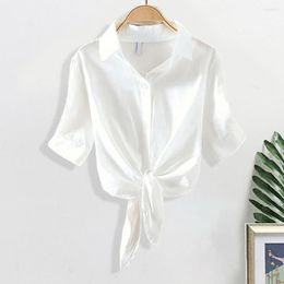 Women's Blouses Women Blouse Chic Lace-up Knot Lapel Stylish Three Quarter Sleeve Solid Colour Shirt For Casual Ol Commute In Fall