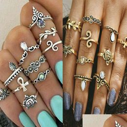 Band Rings 10Pcs/Set Gold Colour Flower Midi Rings Sets For Women Sier Boho Beach Vintage Turkish Punk Elephant Finger Knuckle Ring Jew Dhkyj