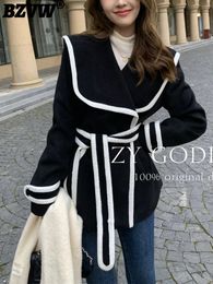 Women's Suits Blazers BZVW Contrast Color Fashion Chic Designer Woolen Coat Women's Winter Lace-up Waist Lapel Temperament Wool Jacket Female 231010