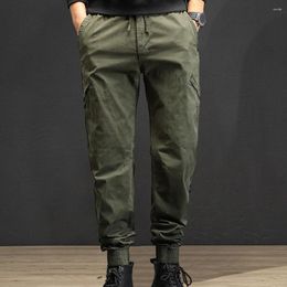 Men's Pants Men Loose Trousers Breathable Mid Waist Cargo With Elastic Drawstring Ankle-banded Fit Multiple Pockets Solid