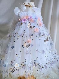 white pearls Ball Gown Flower Girl Dresses butterfly Halter Neck 3D Floral Appliques Beaded Tulle Pageant Dress baby Custom Made Girls Frist holy Communion Dresses